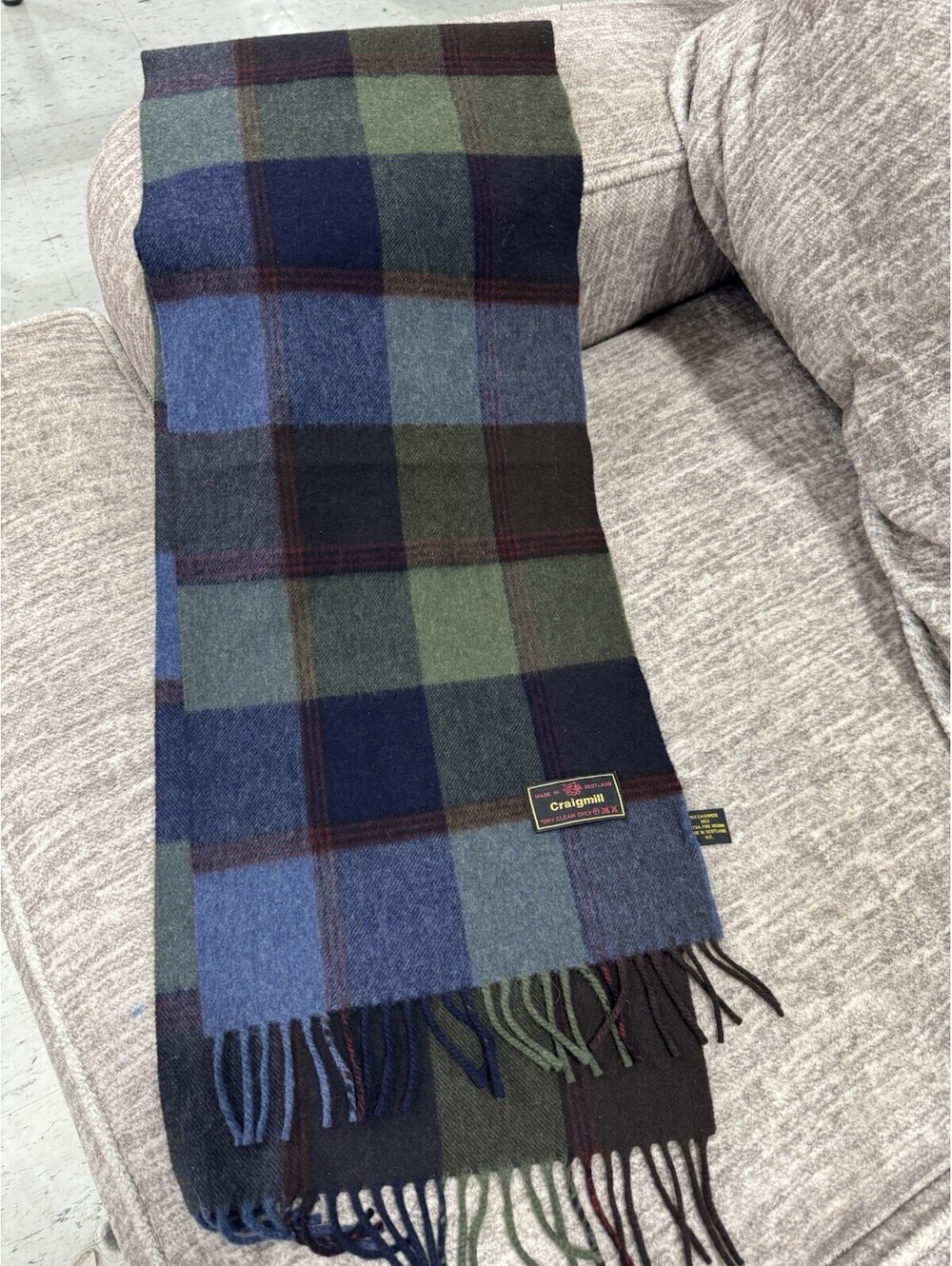 Craigmill Cashmere Wool Plaid Green Scarf Made In Scotland